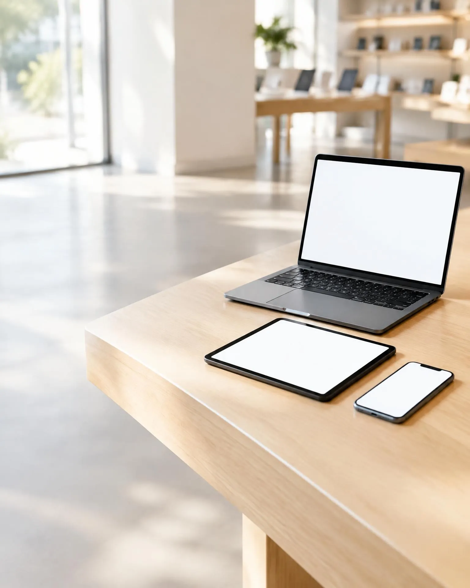 A laptop, a tablet and a phone with blank screens on a bright shop display table